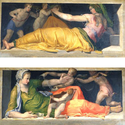 Coppia di Sibille con amorini Coppia di Sibille con amorini